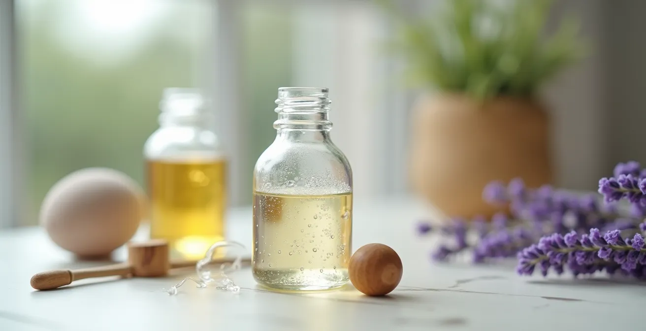 Flacon de sérum physiologique et mouche-bébé posés sur une surface en bois clair
