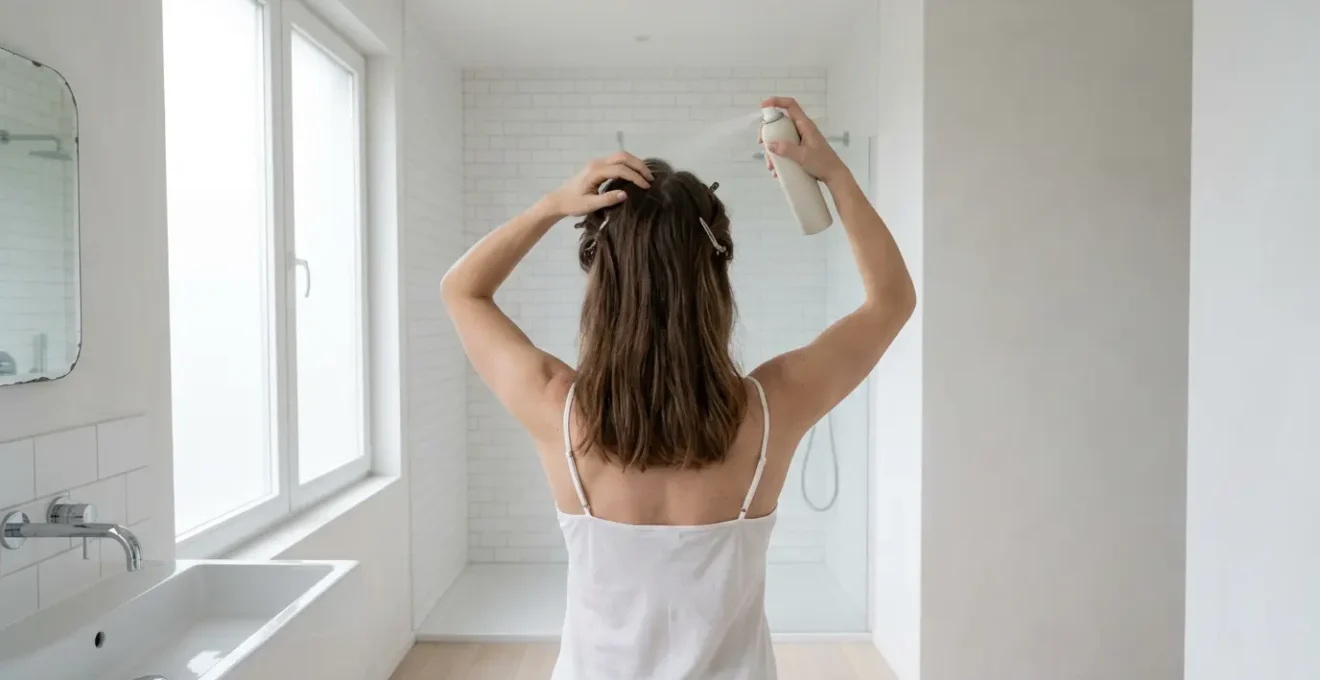 Femme appliquant du shampoing sec en spray sur ses racines, vue de dos