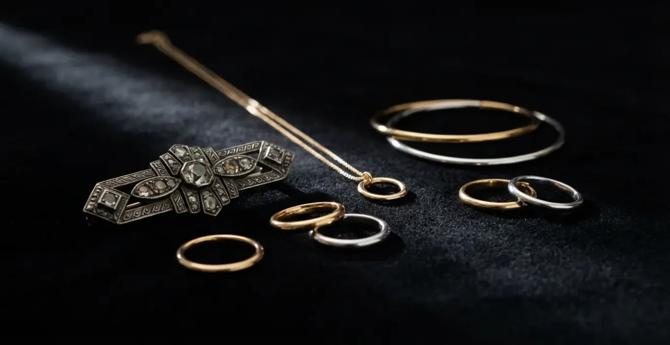 Composition élégante de bijoux anciens et modernes mélangés sur velours noir, suggérant la comparaison de valeur