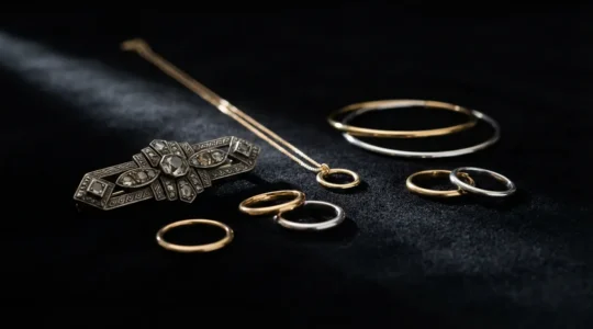 Composition élégante de bijoux anciens et modernes mélangés sur velours noir, suggérant la comparaison de valeur