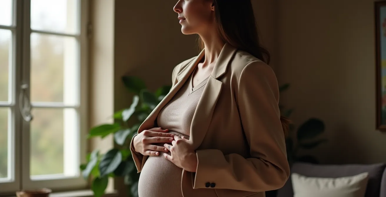 Femme enceinte au troisième trimestre portant avec élégance un blazer ouvert sur une robe ajustée, dans un intérieur belge.