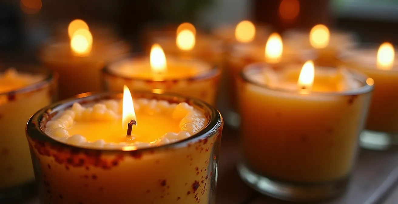 Bougies artisanales belges en cire de colza dans des contenants recyclés