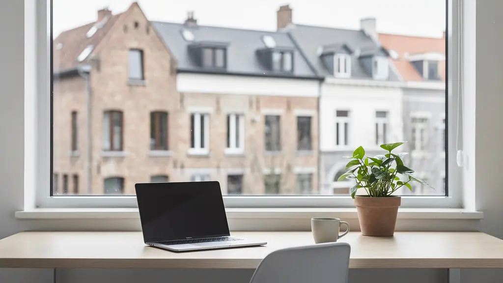 Espace de télétravail épuré avec vue sur paysage urbain belge