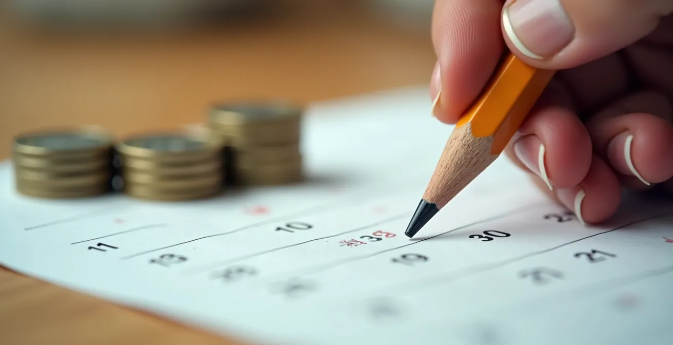 Main posant sur un calendrier avec des pièces d'euros empilées à côté