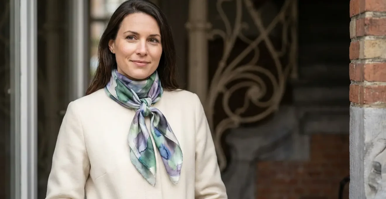 Portrait éditorial d'une femme élégante portant un carré de soie noué avec style moderne dans un décor architectural belge