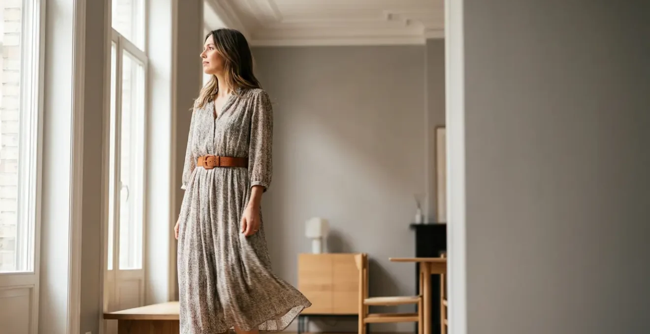 Une femme porte une robe fluide avec une ceinture élégamment nouée, dans un intérieur lumineux aux tons gris perle typiques du style belge
