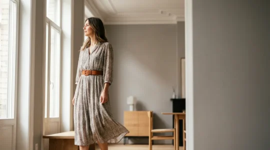 Une femme porte une robe fluide avec une ceinture élégamment nouée, dans un intérieur lumineux aux tons gris perle typiques du style belge