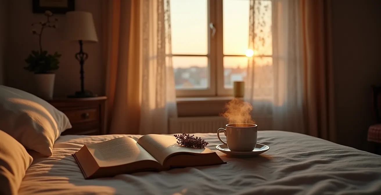 Chambre à coucher paisible avec livre ouvert et tasse de tisane sur table de nuit, sans écran visible