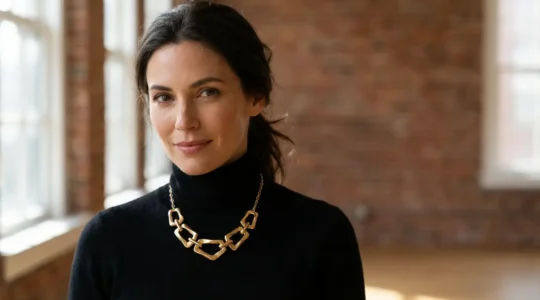 Portrait d'une femme élégante portant un collier statement doré avec équilibre parfait