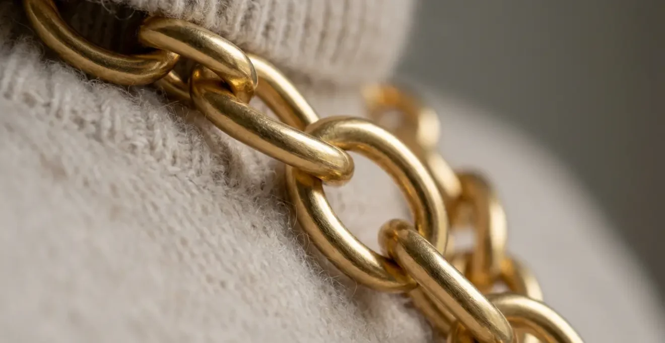 Gros plan sur un collier doré porté sur un col roulé en cachemire beige