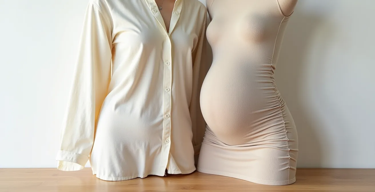 Comparaison visuelle entre la texture d'un vêtement oversize en lin et celle d'un tissu de maternité stretch.