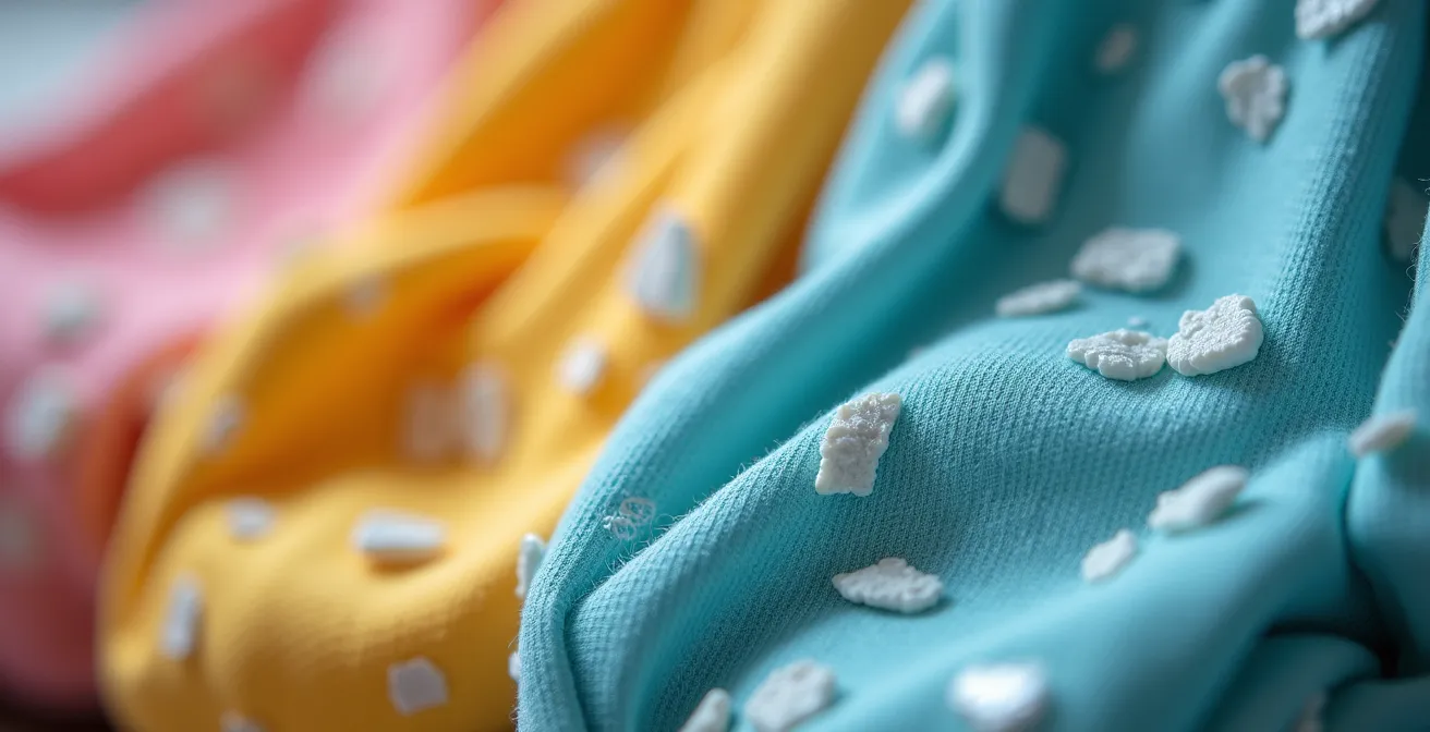 Couches lavables colorées suspendues sur un étendoir avec cristaux blancs visibles en macro