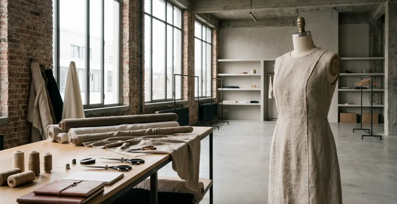 Un atelier de créateur de mode belge à Anvers avec des tissus luxueux et des pièces en cours de création