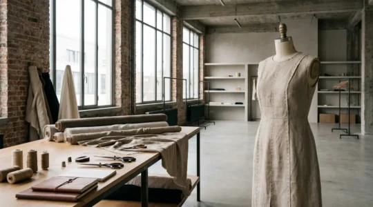 Un atelier de créateur de mode belge à Anvers avec des tissus luxueux et des pièces en cours de création