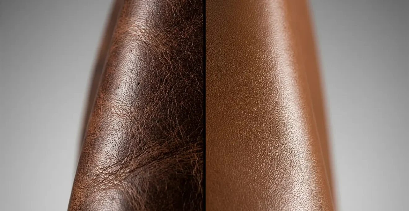Comparaison visuelle entre cuir pleine fleur et croûte de cuir montrant les différences de texture et qualité