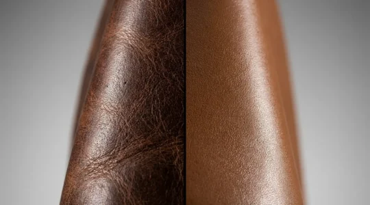 Comparaison visuelle entre cuir pleine fleur et croûte de cuir montrant les différences de texture et qualité