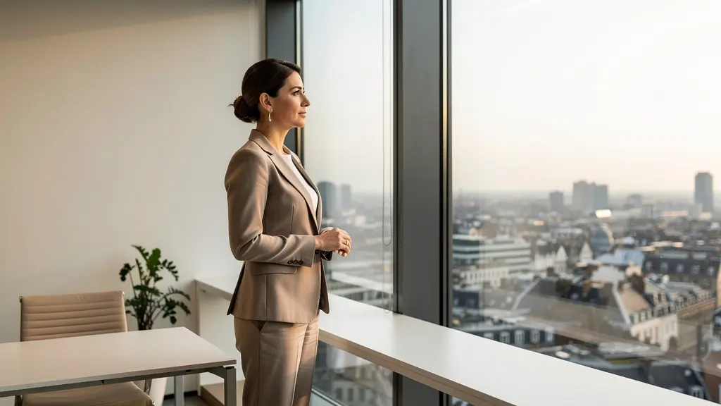 Femme dirigeante sereine dans un environnement professionnel épuré symbolisant l'équilibre trouvé