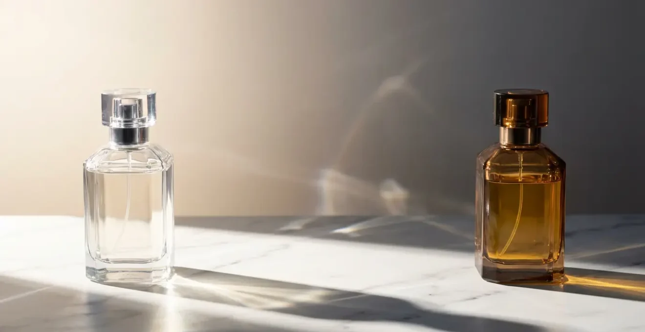 Comparaison visuelle entre eau de toilette et eau de parfum avec des flacons et une ambiance luxueuse