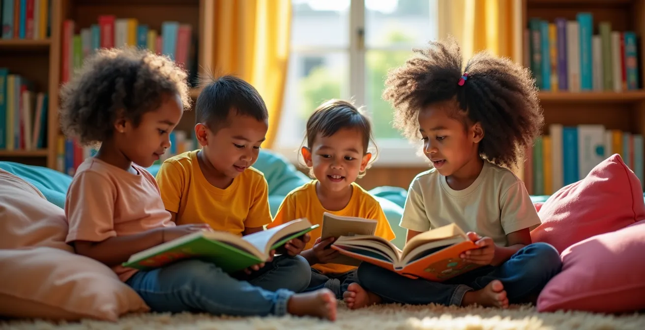 Enfants de différentes origines lisant ensemble dans un coin lecture coloré