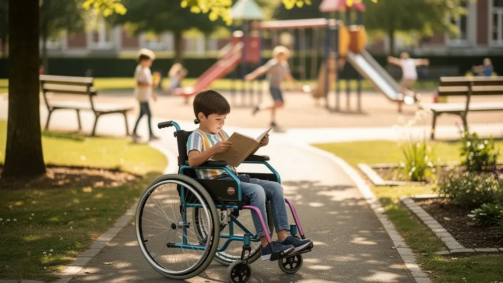 Enfant en fauteuil roulant lisant un livre dans un parc avec d'autres enfants jouant en arrière-plan