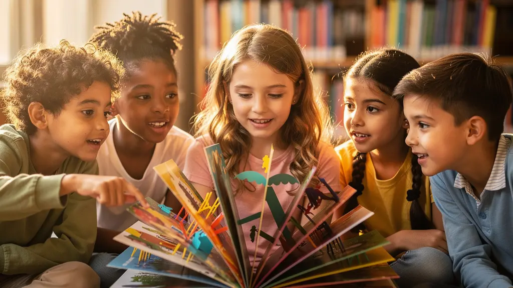 Enfants de différentes origines culturelles réunis autour d'un livre dans une bibliothèque belge lumineuse