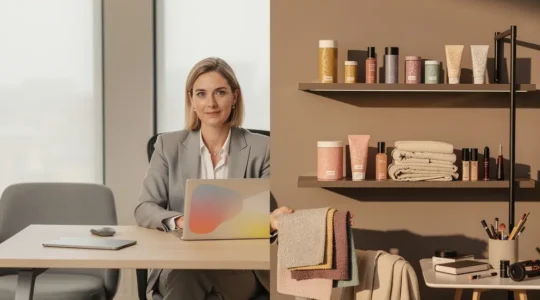 Femme entrepreneure équilibrant son activité indépendante et son emploi salarié dans un espace de travail moderne