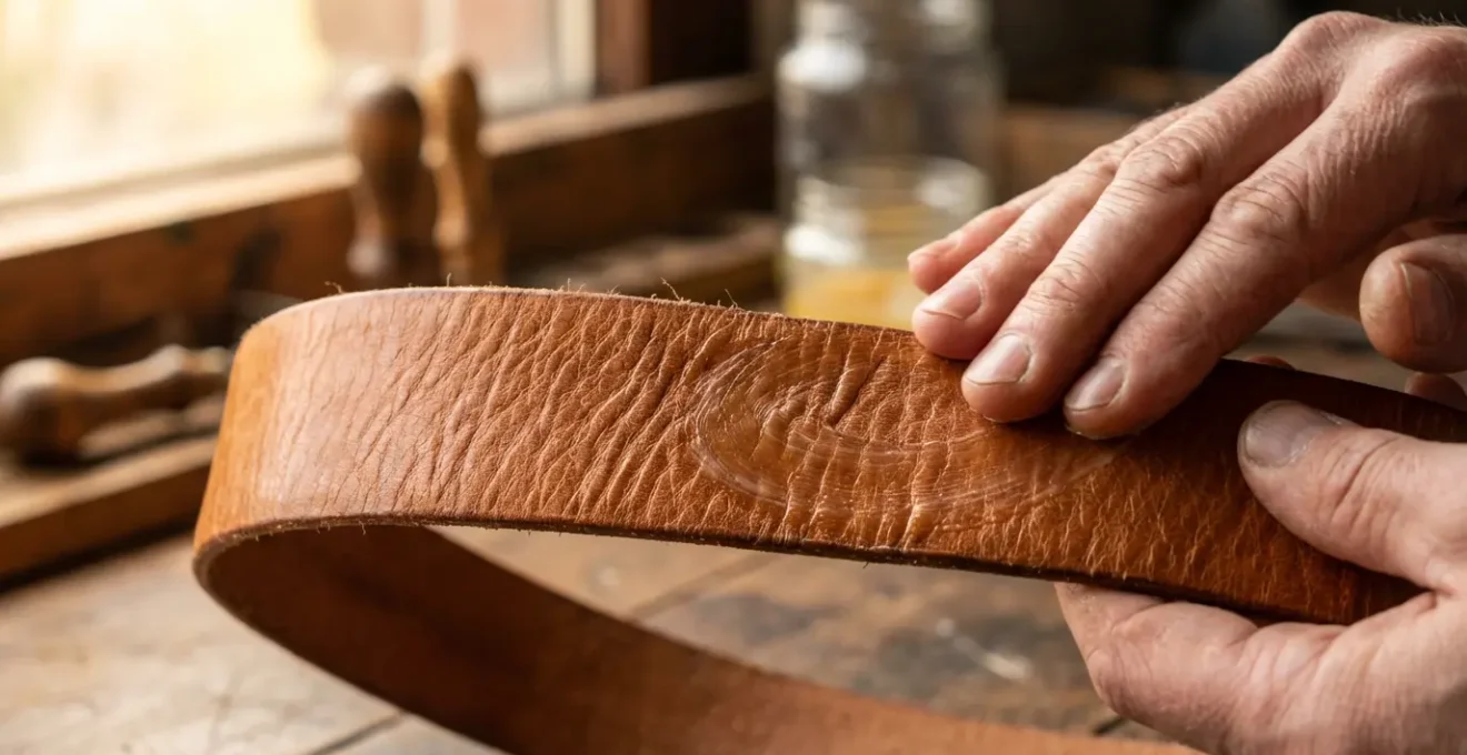 Gros plan sur les mains appliquant de la cire d'abeille sur une ceinture en cuir patiné