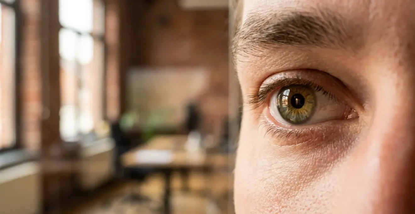 Personne pratiquant des exercices oculaires au bureau avec vue sur paysage urbain belge