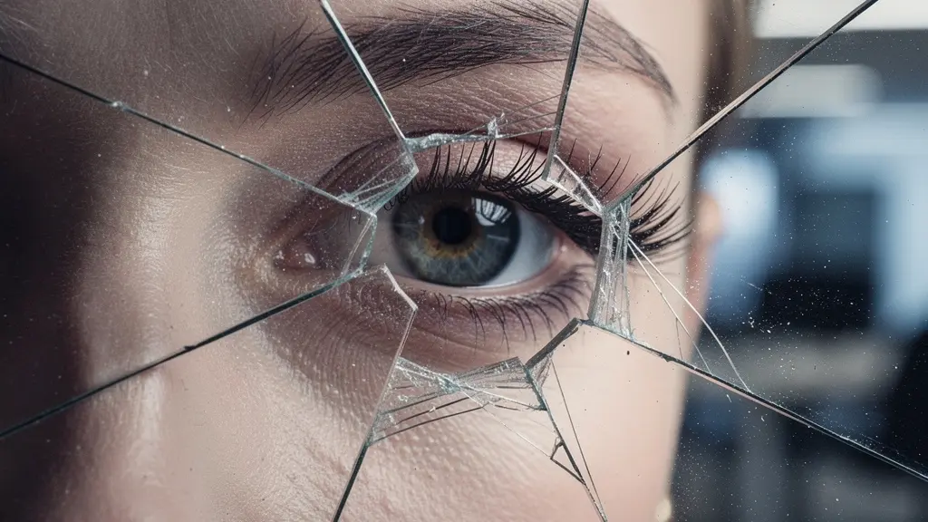 Métaphore visuelle d'une femme en position de leadership face à un défi représenté par une texture de verre fragmenté
