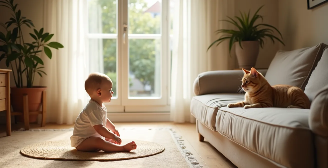 Salon lumineux avec bébé jouant au sol et chat sur le canapé, fenêtre ouverte
