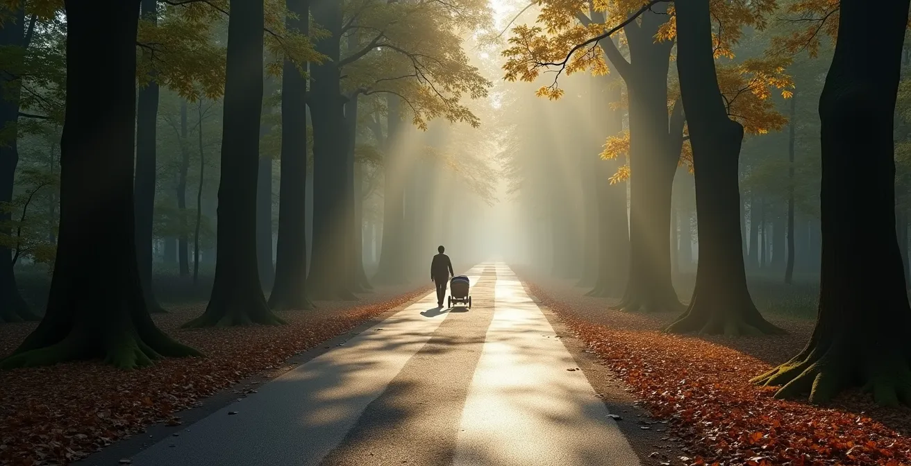 Parents avec poussette sur un large sentier forestier pavé entouré de hêtres majestueux