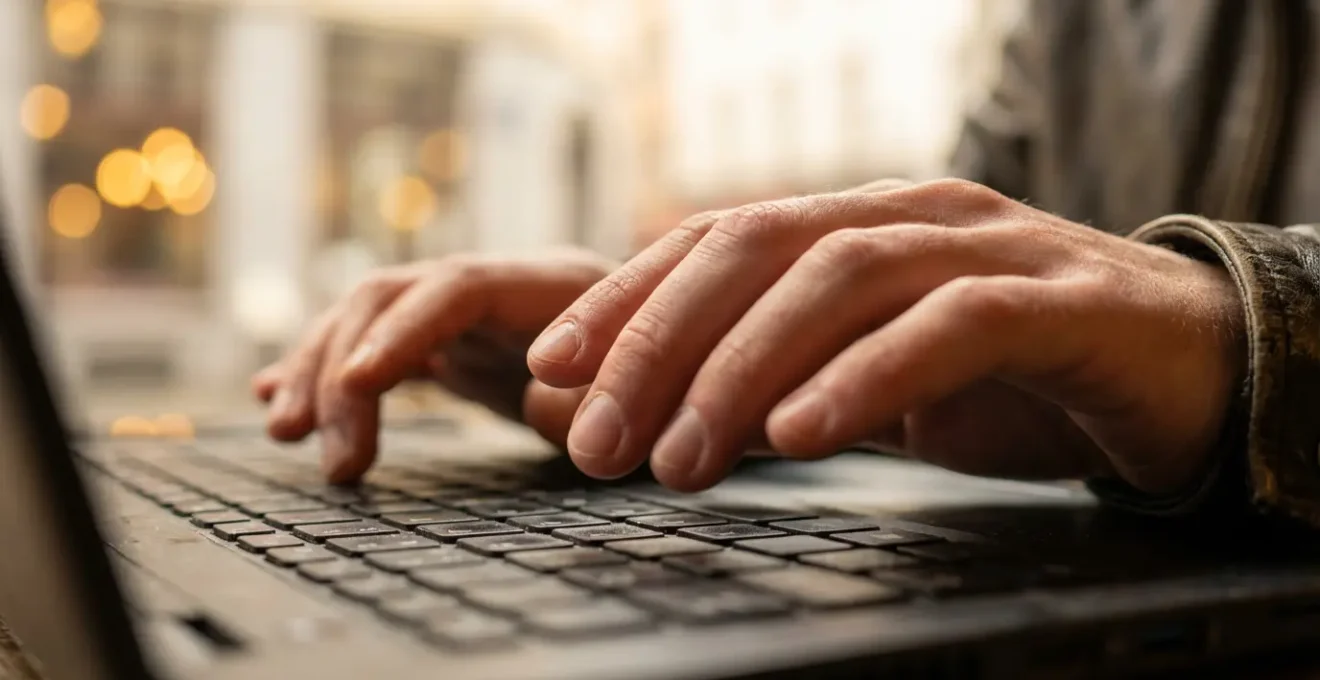 Femme travaillant de manière concentrée sur son ordinateur dans un café bruxellois, symbolisant la construction de son personal branding.