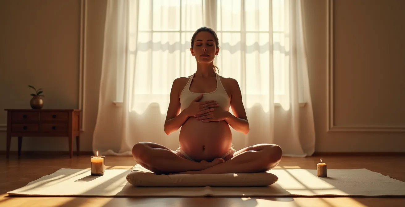 Femme enceinte en position assise pratiquant la respiration Ujjayi dans un intérieur belge