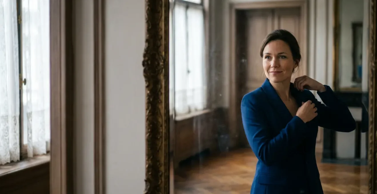 Femme élégante face à un miroir ancien dans un intérieur belge, essayant un blazer structuré tout en observant sa posture transformée