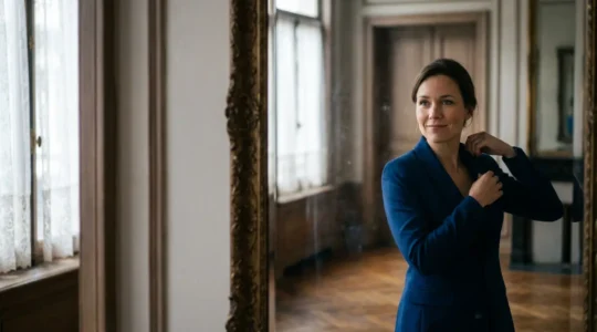 Femme élégante face à un miroir ancien dans un intérieur belge, essayant un blazer structuré tout en observant sa posture transformée