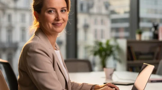 Femme professionnelle souriante dans un environnement de bureau moderne avec lumière naturelle