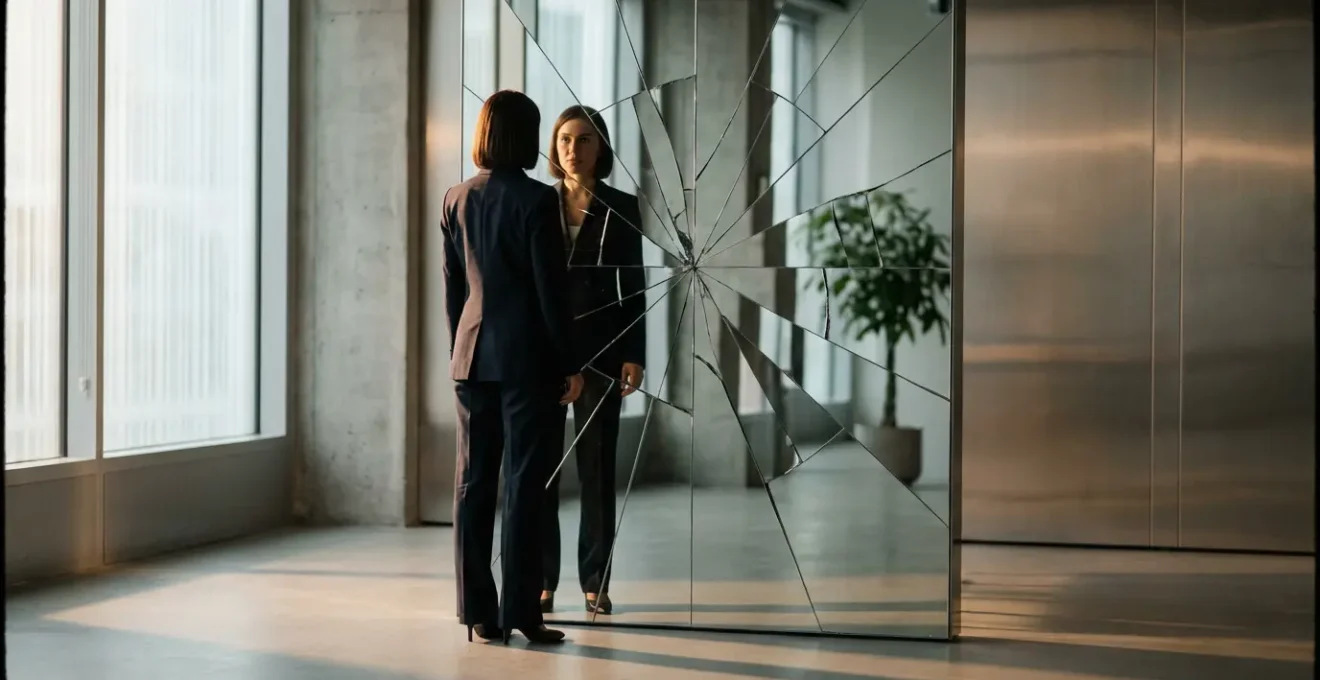 Femme professionnelle contemplant son reflet fragmenté dans un miroir brisé, symbolisant les biais inconscients