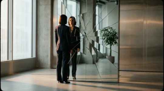 Femme professionnelle contemplant son reflet fragmenté dans un miroir brisé, symbolisant les biais inconscients