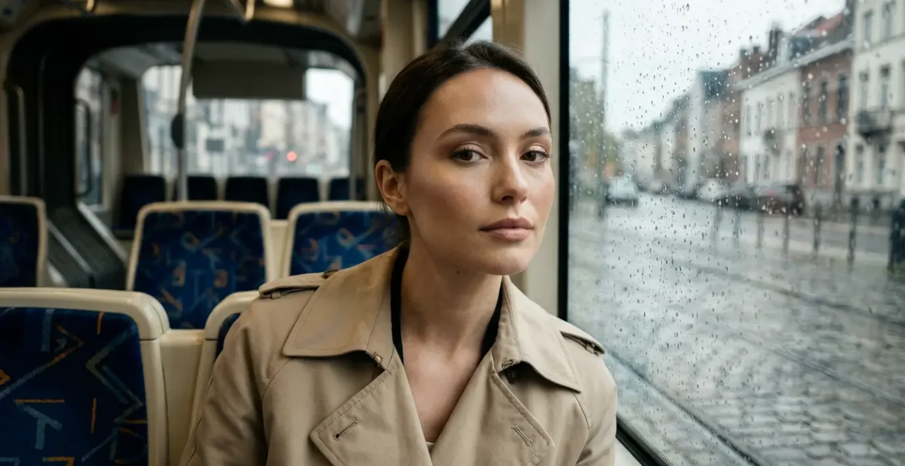 Femme dans un tram bruxellois, maquillage intact malgré l'humidité extérieure