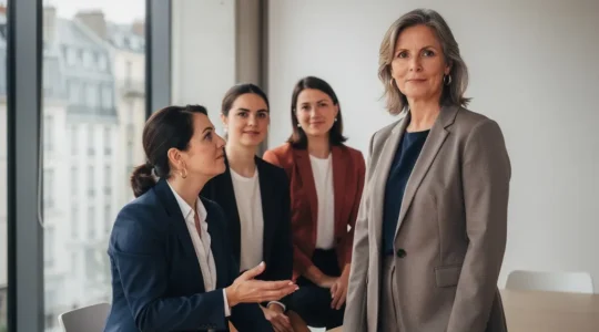 Portrait composite de femmes belges influentes dans les secteurs de la mode et de la beauté, diverses générations représentées dans un environnement professionnel moderne