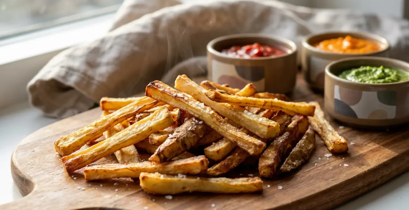 Frites dorées de panais et légumes racines servies avec sauces maison colorées sur plateau rustique