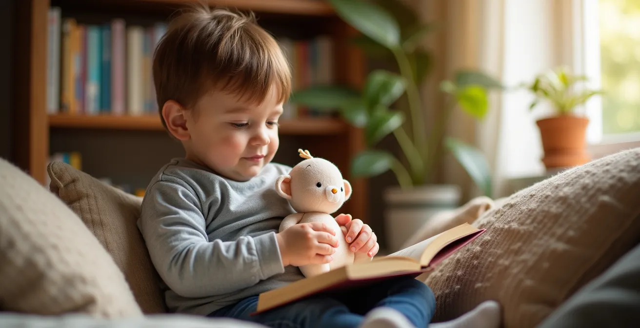 Jeune garçon concentré berçant tendrement une poupée dans un environnement lumineux