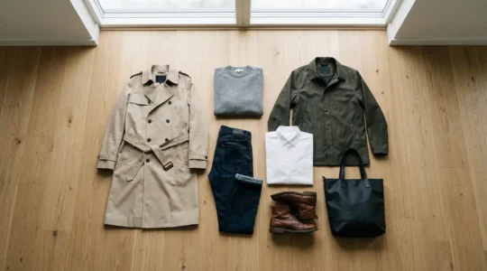 Vue d'ensemble d'une garde-robe capsule adaptée au climat belge avec vêtements en couches