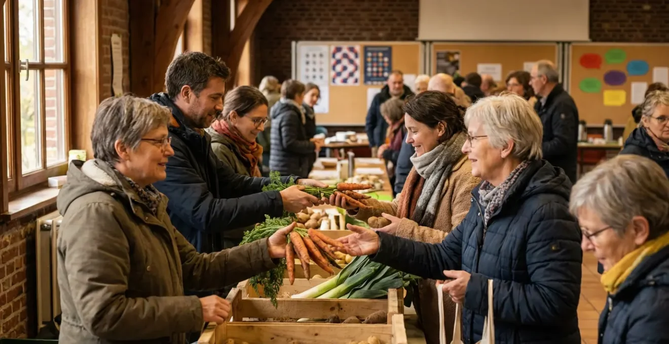 Groupe de citoyens partageant des paniers de légumes bio dans un local communautaire belge