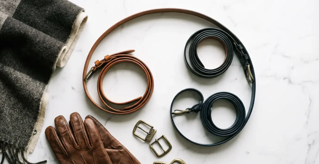 Composition minimaliste montrant différentes ceintures en cuir avec accessoires coordonnés dans une palette de couleurs belges