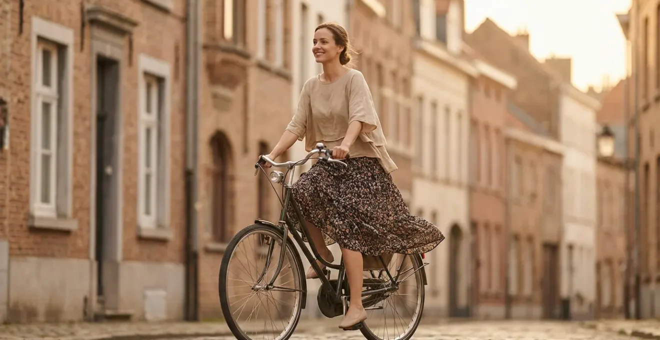 Femme de petite taille en jupe midi fluide pédalant sur un vélo dans une rue pavée belge