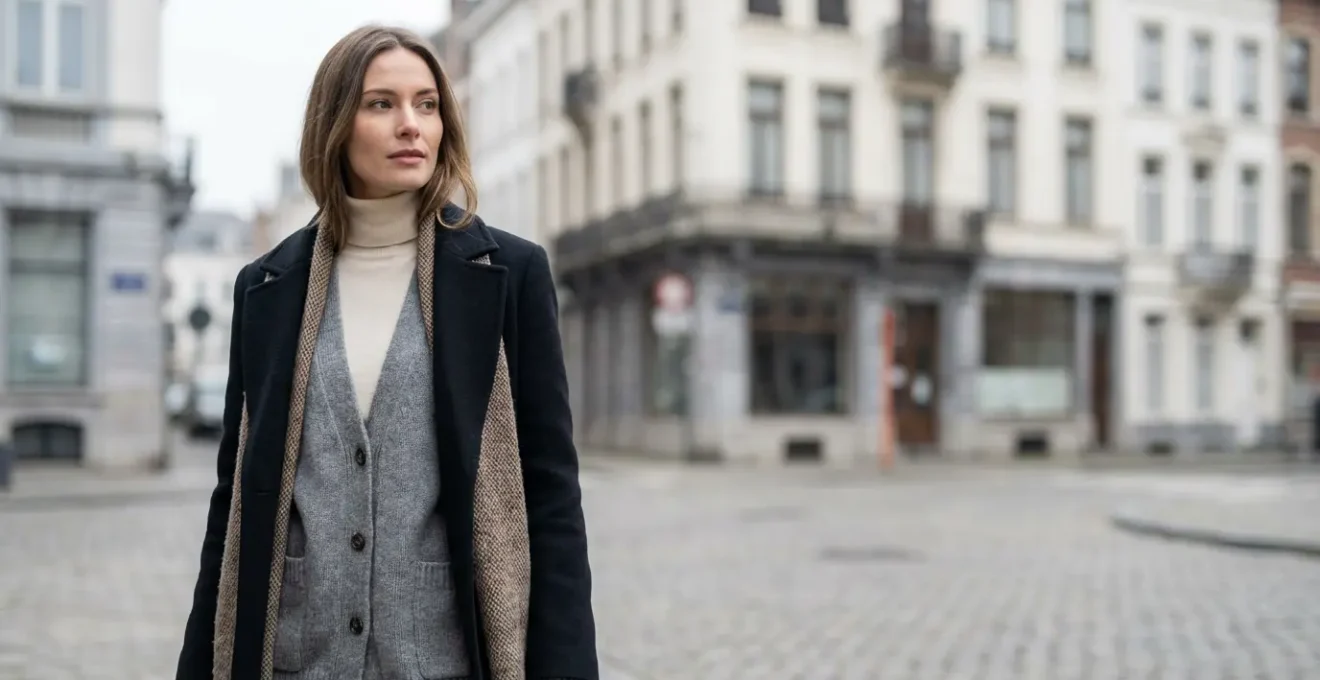 Femme élégante portant plusieurs couches de vêtements superposés avec style dans un décor urbain belge