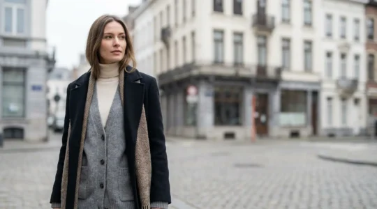 Femme élégante portant plusieurs couches de vêtements superposés avec style dans un décor urbain belge