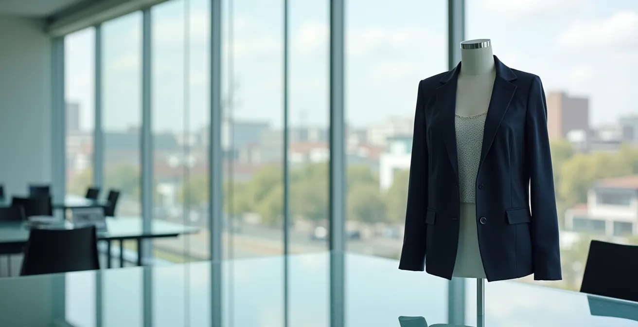 Tenue professionnelle élégante avec technique de superposition incluant une blouse transparente