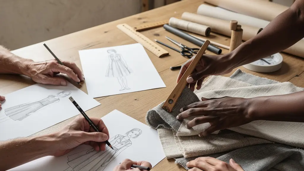 Réunion d'équipe créative dans un atelier de mode belge, atmosphère collaborative et inclusive